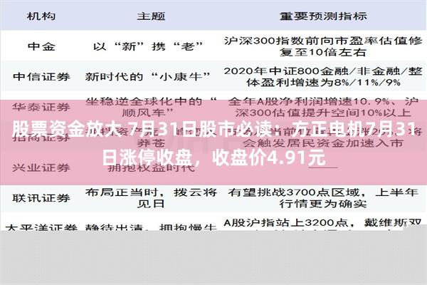 股票资金放大 7月31日股市必读：方正电机7月31日涨停收盘，收盘价4.91元